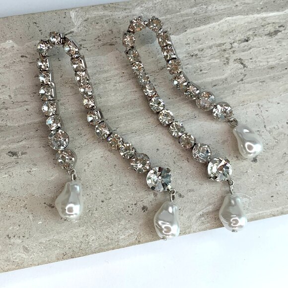 New ~ Zara Rhinestone & Pearl Dangle Earrings - Picture 7 of 9